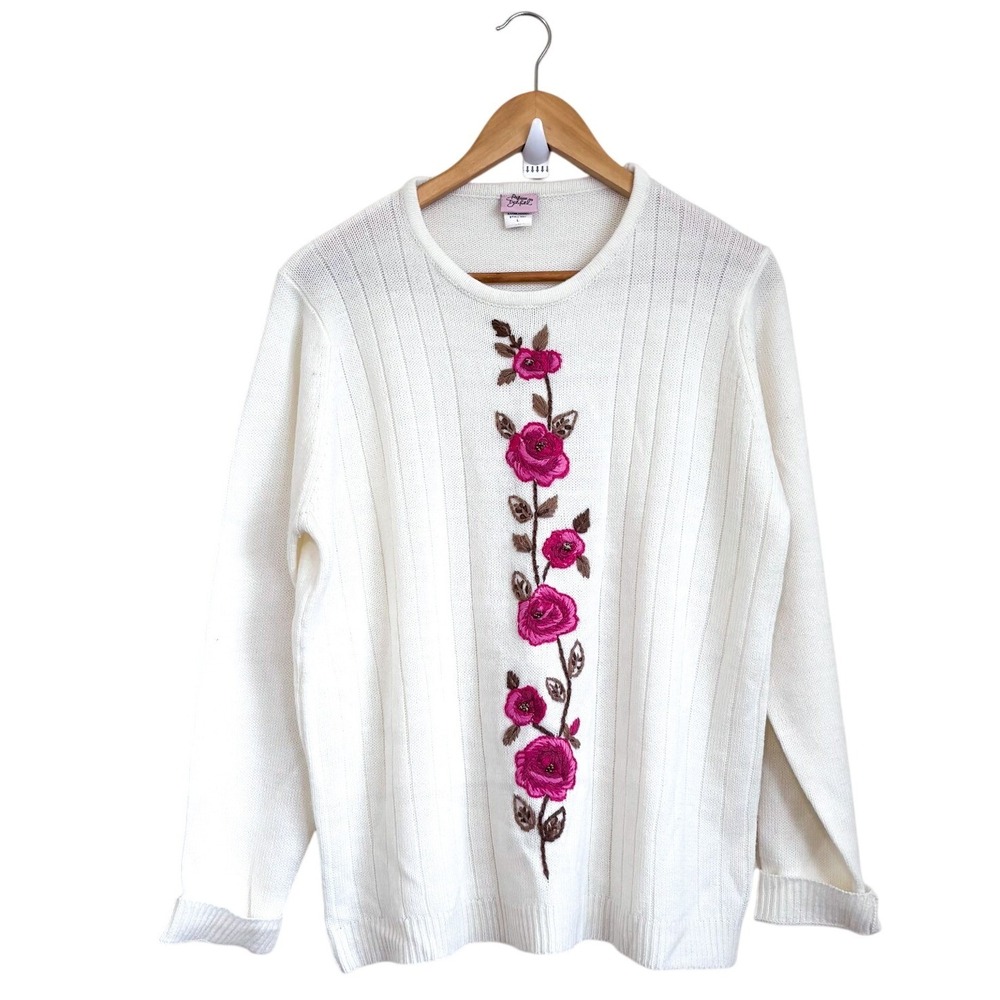 Vintage Womens Cottagecore Floral Embroidered Sweater Size L Cream Pink‎ Granny